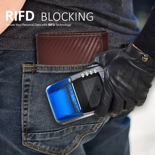 Miniatura 11 de Cartera de cuero RFID hecha a mano para hombres, elegante cartera de bolsillo frontal triple con 2 ranuras para identificación y 9 tarjetas, Negro