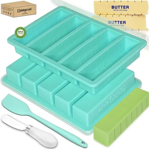 Moldes de silicona para mantequilla con tapa, bandeja de mantequilla antiadherente con cuchillo de mantequilla y espátula, marco de acero reforzado