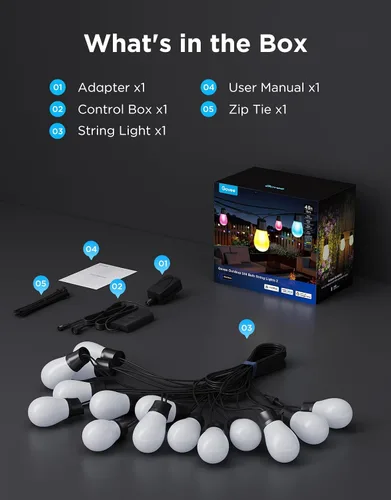 Miniatura 9 de Govee Guirnalda de luces S14 para exteriores, luces inteligentes RGBIC de 48 pies de color blanco cálido con 15 bombillas LED, 111 modos de escena