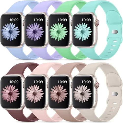 DaQin - Paquete de 8 correas deportivas compatibles con Apple Watch de 38, 40, 41, 42, 44, 45, 46 y 49 mm, correa impermeable de silicona suave para
