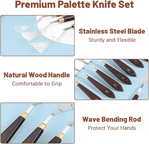 Miniatura 3 de Juego de 14 cuchillos de paleta, cuchillo de pintura de acero inoxidable, espátula de pintura con mango de madera, accesorios de pintura al óleo