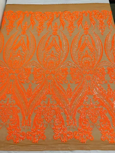 Miniatura 35 de Telón de fondo King INC Empire Damask Design con lentejuelas bordadas en una tela de malla elástica de 4 vías (amarillo brillante)