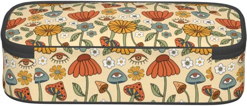 Miniatura 3 de Estuche organizador retro hippie de los años 70 con diseño de hongos florales de gran capacidad, papelería con cremallera, suministros escolares