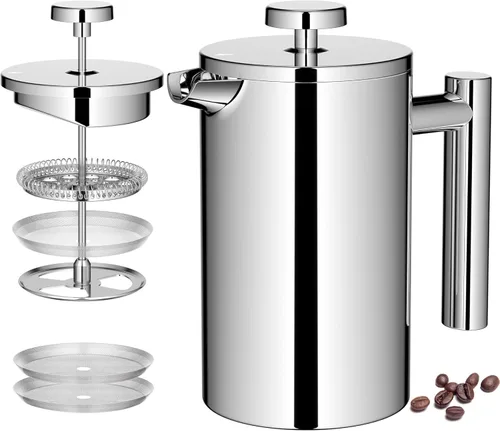 Miniatura 10 de Miuly French Press - Prensa de café de acero inoxidable 304 con doble aislamiento de 34 onzas, cafetera de acero inoxidable (34 onzas, plateada)
