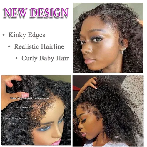 Miniatura 4 de Peluca de encaje frontal de 13 x 4 pulgadas, con bordes rizados, 4C, pelucas de cabello humano para mujeres negras, sin pegamento, encaje HD