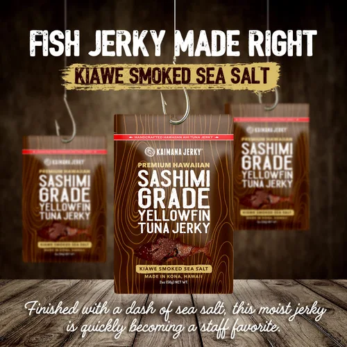 Miniatura 5 de Kaimana Ahi Atún Jerky Kiawe Sal marina ahumada – Suave y sabrosa – Cecina de pescado premium fabricada en los Estados Unidos Alta en Omega 3, 3 PCK
