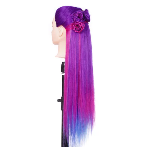 Miniatura 2 de Cabezal de entrenamiento de 26 a 28 pulgadas, cabeza de maniquí para peinado, cosmetología, cabeza de muñeca, fibra sintética, modelo de Púrpura