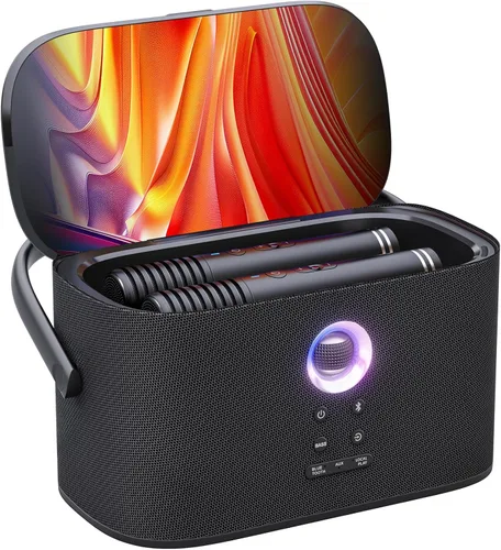Ikarao Máquina de karaoke portátil para adultos, pantalla y pantalla de letras integradas, 2 micrófonos inalámbricos de carga automática, aplicación