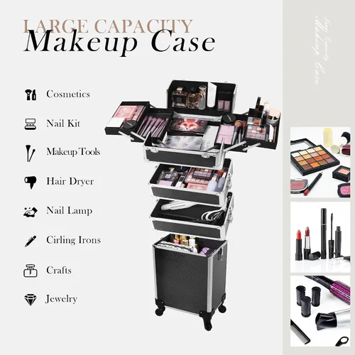 Miniatura 5 de Estuche de tren de maquillaje rodante 5 en 1, organizador de cosméticos profesional grande con ruedas giratorias de 360°, estuche de viaje