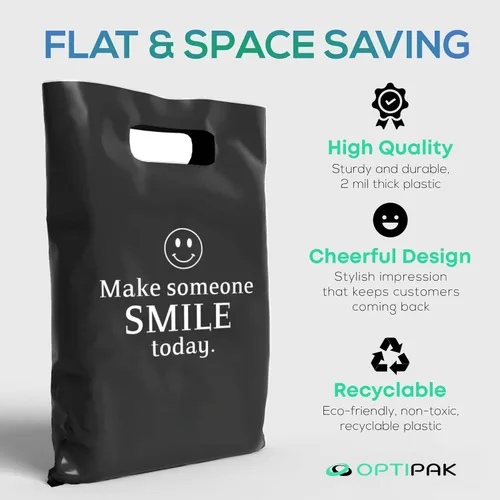 Miniatura 3 de Bolsas de plástico con asas – Bolsas de mercancía de 12 x 15 pulgadas para pequeñas empresas – Bolsas troqueladas para compras minoristas y Negro