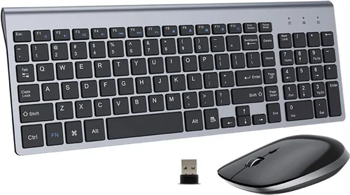 FENIFOX Teclado y mouse inalámbricos, USB 2.4 GHz, silencioso, silencioso, perfil bajo, compacto, tamaño completo, plano, delgado, portátil, con