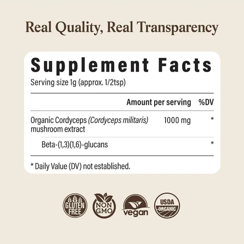 Miniatura 8 de Real Mushroom Cordyceps - Polvo de hongos Cordyceps Energía y rendimiento - Polvo Cordyceps orgánico con beta-glucanos, suplemento vegano, sin OMG