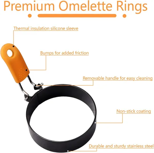 Miniatura 2 de Anillos redondos para huevos para freír huevos, paquete de 2 anillos de huevo de 3.5 pulgadas con mango de silicona, molde de huevo para sándwiches