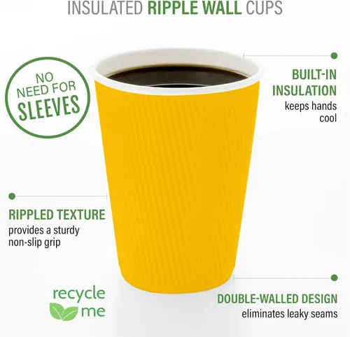 Miniatura 4 de Restaurantware 16 onzas Tazas de papel desechables con pared ondulada, 500 vasos de papel amarillo aislados con diseño de borde enrollado, tapas