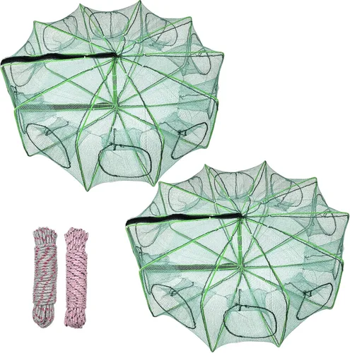 2 trampas plegables para cangrejos de 32 x 10 pulgadas, 10 agujeros, 10 lados, redes de pesca plegables con 2 cuerdas para pececillos, cangrejos,