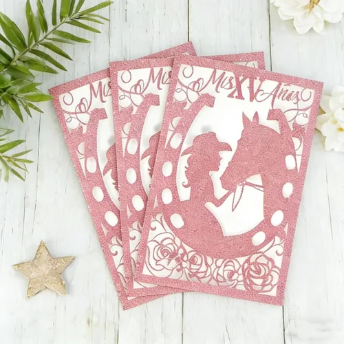 Miniatura 12 de 50 piezas de tarjetas de invitación de quinceañera con purpurina, invitación para fiesta de los 15 años, purpurina de caballo, DIY, tarjetas de boda