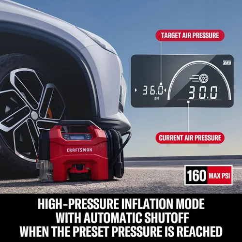 Miniatura 4 de CRAFTSMAN Inflador de neumáticos 3 en 1, compresor de aire portátil de 160 PSI/aspiradora de automóvil/soplador de polvo, 20 V inalámbrico y 12 V