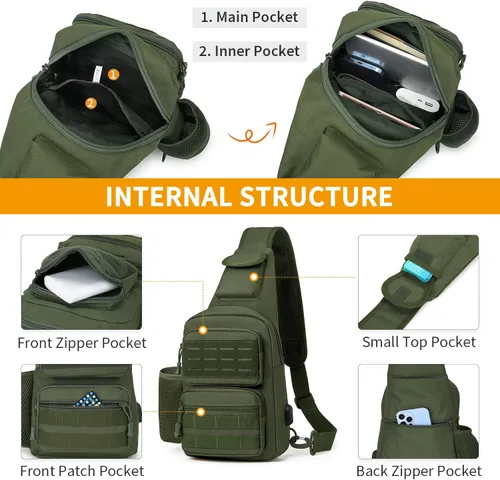 Miniatura 3 de BAIGIO Tactical EDC Sling Bag Militar Una Correa Hombro Mochila Molle Range Bolsas Paquete de Pecho, #01-verde militar, Pequeño, Bolso táctico