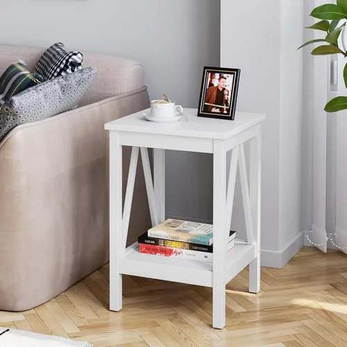 Miniatura 8 de IDEALHOUSE Mesa auxiliar para sala de estar, mesa auxiliar pequeña con estantes de almacenamiento de 2 niveles, mesas de noche redondas, mesa blanco
