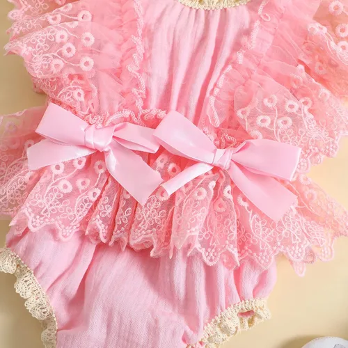 Miniatura 4 de Mameluco de burbujas para bebé niña con encaje y tutú con mangas con volantes, traje de verano