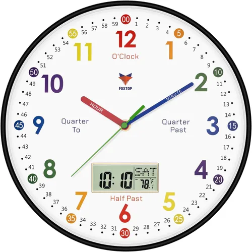 Foxtop Reloj de Aprendizaje Digital y Analógico para Niños - Reloj de Enseñanza para Decir la Hora de 12 Pulgadas Silencioso Sin Tictac Operado con