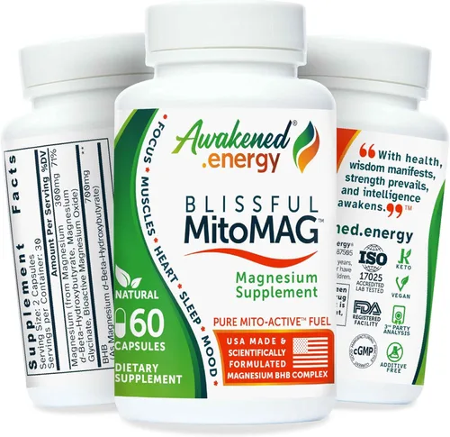 Blissful MitoMag - Complejo de magnesio elemental de 300 mg: Mg glicinato, Mg BHB - Músculos del sueño Energía del estado de ánimo Enfoque cognitivo
