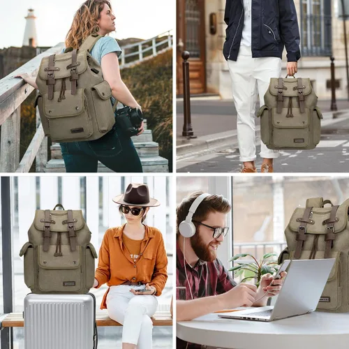 Miniatura 9 de WITZMAN Mochila de lona para hombre, mochila vintage para laptop de 15.6 pulgadas, mochila de viaje de alta capacidad casual (A8004 verde militar)