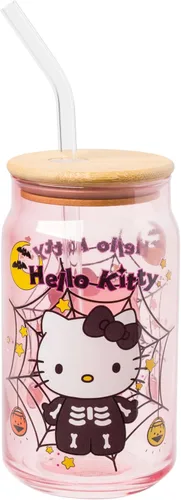Miniatura 28 de Silver Buffalo Sanrio - Vaso de vidrio rosa con tapa de bambú y sorbete de vidrio de Hello Kitty, 16 onzas Hello Kitty Agitando