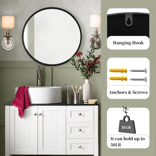 Miniatura 8 de G-LEAF Espejo redondo negro de 32 pulgadas para tocador de baño, entrada, sala de estar, espejo de baño redondo para pared
