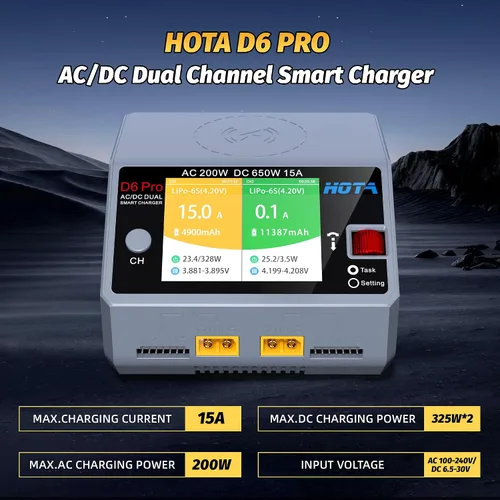 Miniatura 5 de HOTA D6 Pro RC Batería AC200W DC 325W Dual RC Cargador 15A Balance Cargador para RC 1S 2S 3S 4S 5S 6S Lipo Baterías LiHv Nicd NiMH Carga de batería
