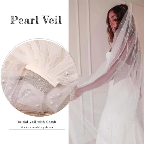 Miniatura 3 de Velos de novia con perlas y flores, catedral, velo de novia, 118 pulgadas, velos para novias, 1 nivel, longitud de los dedos, peine para el cabello