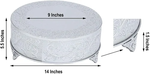 Miniatura 3 de Efavormart Juego de 14 pulgadas de plata redonda con relieve en metal para pasteles, elevador para pasteles, pedestal para postres, plato de Plateado