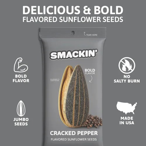 Miniatura 2 de SMACKIN' Sunflower Seeds, Lote pequeño jumbo asado, hecho en Estados Unidos, pimienta agrietada. Bolsas de 1.5 onzas (paquete de 6)