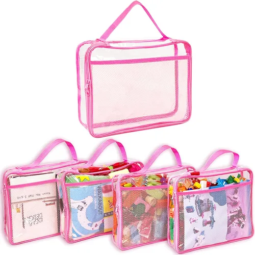 Miniatura 8 de Juego de 4 bolsas de almacenamiento de juguetes con cremallera para niños y niñas, bolsas organizadoras grandes de PVC con bolsillos laterales