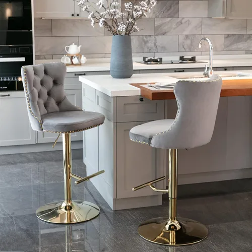 Miniatura 4 de Taburete de bar giratorio ajustable de altura de mostrador, silla de bar tapizada de terciopelo dorado con base cromada con respaldo acolchonado