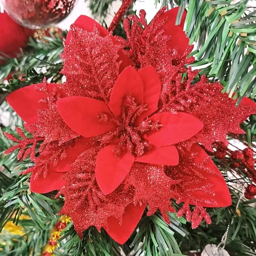 Miniatura 7 de 15 Piezas Flores de Navidad Artificiales Decoraciones de Flor de Pascua con Clips y Tallos, Decoraciones de Flor de Pascua de Navidad con Purpurina