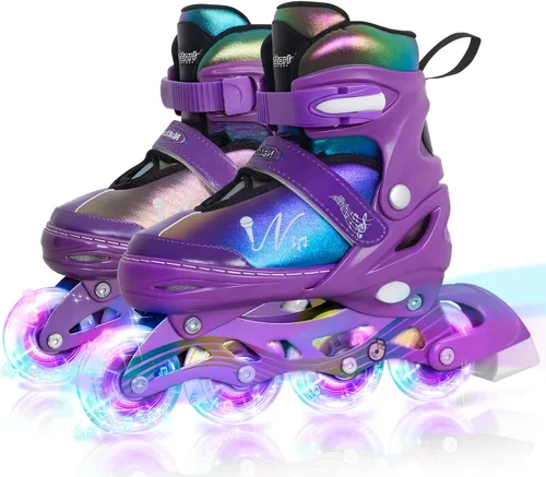 Miniatura 9 de Nattork Patines en línea ajustables para niños y adolescentes con ruedas iluminadas, color degradado, deslizamiento suave Negro