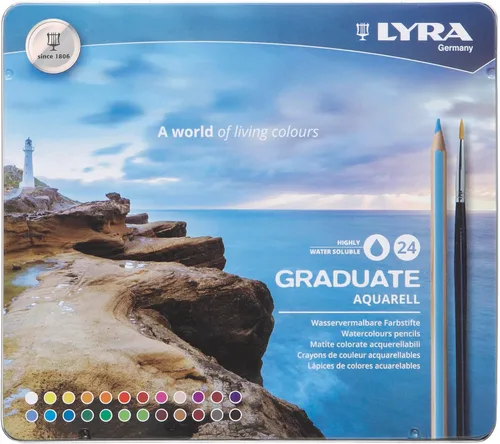 Lyra Graduate Aquarell - Lápices de acuarela, 24 colores surtidos con pincel, lata de metal