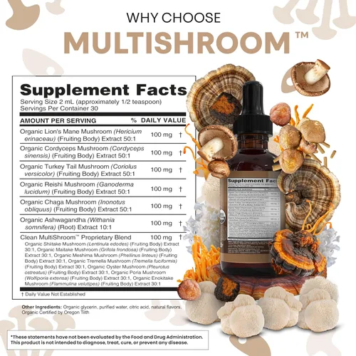 Miniatura 5 de Gotas líquidas de suplemento de hongos orgánicos de Mane de León + mezcla compleja de hongos en polvo de Cola de Pavo, Cordyceps, Reishi, Chaga