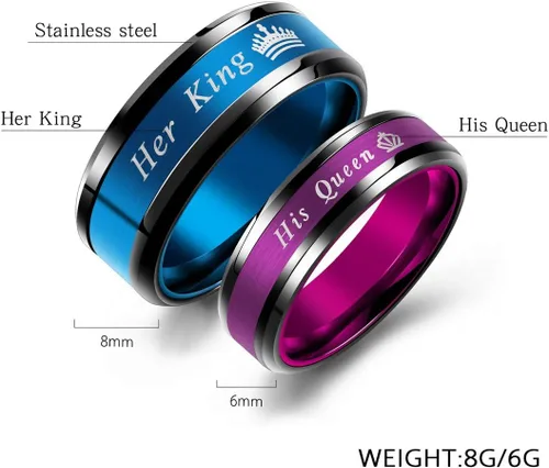 Miniatura 7 de Juego de 2 anillos a juego para parejas de rey y reina, anillos de compromiso de acero inoxidable