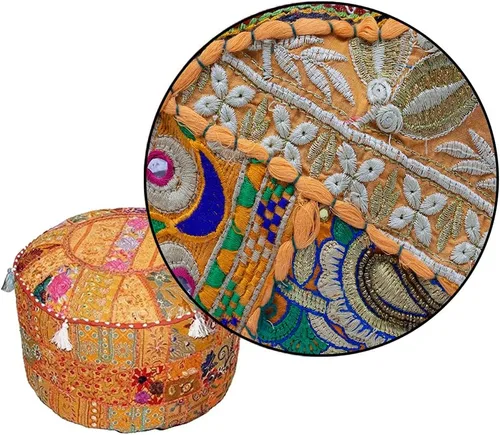 Miniatura 6 de Funda para puf con bordado étnico indio, algodón indio, redonda, para otomana, reposapiés, cojín – solo funda, decoración étnica artística