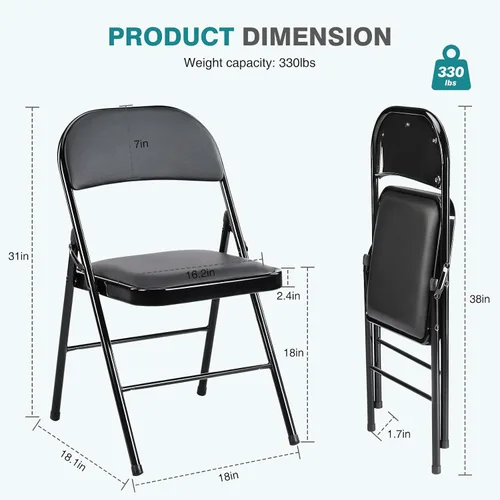 Miniatura 3 de DUMOS Paquete de 4 sillas plegables acolchadas de cuero, asiento comercial apilable portátil para interiores y exteriores, con marco de acero, Negro