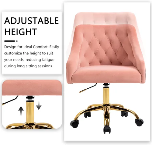 Miniatura 4 de Silla de Oficina para el Hogar, Silla Giratoria de Terciopelo Ajustable de Acento/Tocador con Brazos y Ribete de Tachuelas para Dormitorio, para Rosa