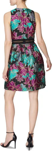 Miniatura 2 de LAUNDRY BY SHELLI SEGAL Vestido jacquard ajustado y acampanado para mujer con ribete de encaje