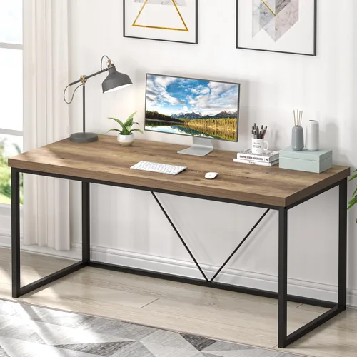 FOLUBAN Escritorio industrial para computadora, escritorio de madera rústica y metal, mesa de PC vintage para oficina en casa, roble de 60 pulgadas