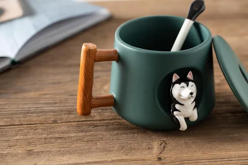 Miniatura 5 de DIHOclub Taza de café de cerámica con tapa y cuchara a juego, taza novedosa 3D con patrón de Husky para té, leche, chocolate, jugo, taza linda