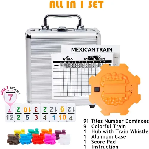 Miniatura 3 de Yinlo Juego de Dominós del Tren Mexicano, Centro con Sonido de Tren Real, Doble 12 con Números