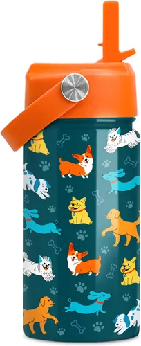 Miniatura 10 de SANDJEST Botella de Agua para Niños con Tapa de Pajita - 12 Oz Botella de Acero Inoxidable Aislada con Dibujo de Animales para Niños y Niñas - Taza