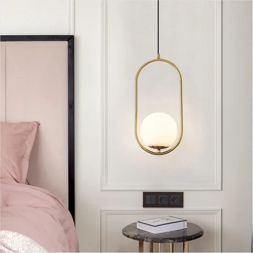 Miniatura 8 de KCO Moderna lámpara colgante de globo de vidrio de 1 luz, lámpara colgante dorada y blanca, iluminación colgante minimalista de latón cepillado