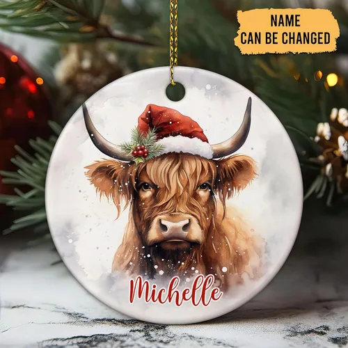 Miniatura 2 de Hyturtle Regalos de Adornos de Navidad Personalizados para Amantes de Vacas Highland - Adorno de Cerámica Navideño de Vaca Highland con Nombre